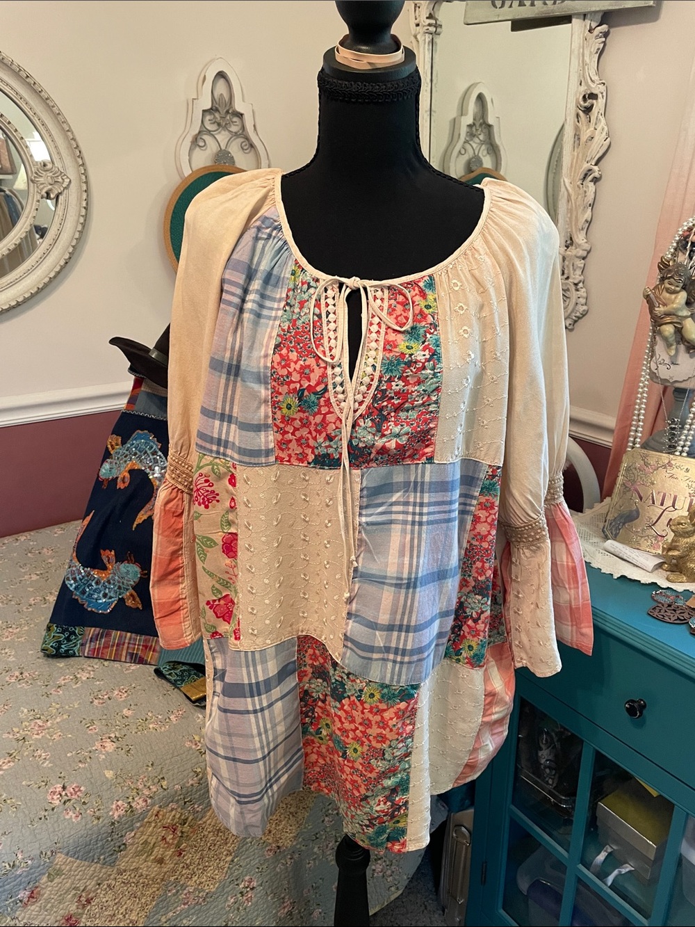 Boho Patchwork Tie-Neck Women's Top in Cream & Multi Young Threads